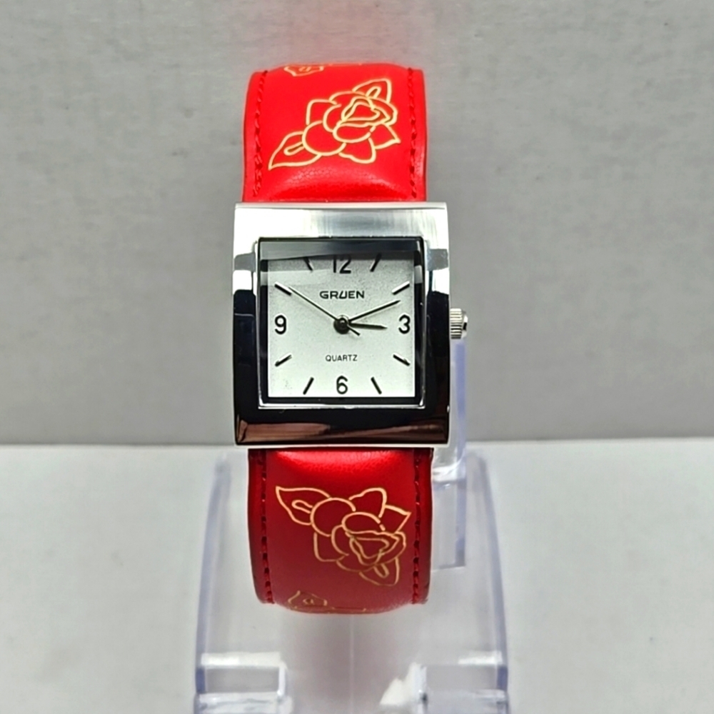 Womens Gruen 24mm Red Floral Cuff Watch Silver Tone New Battery Flowers Bangle
